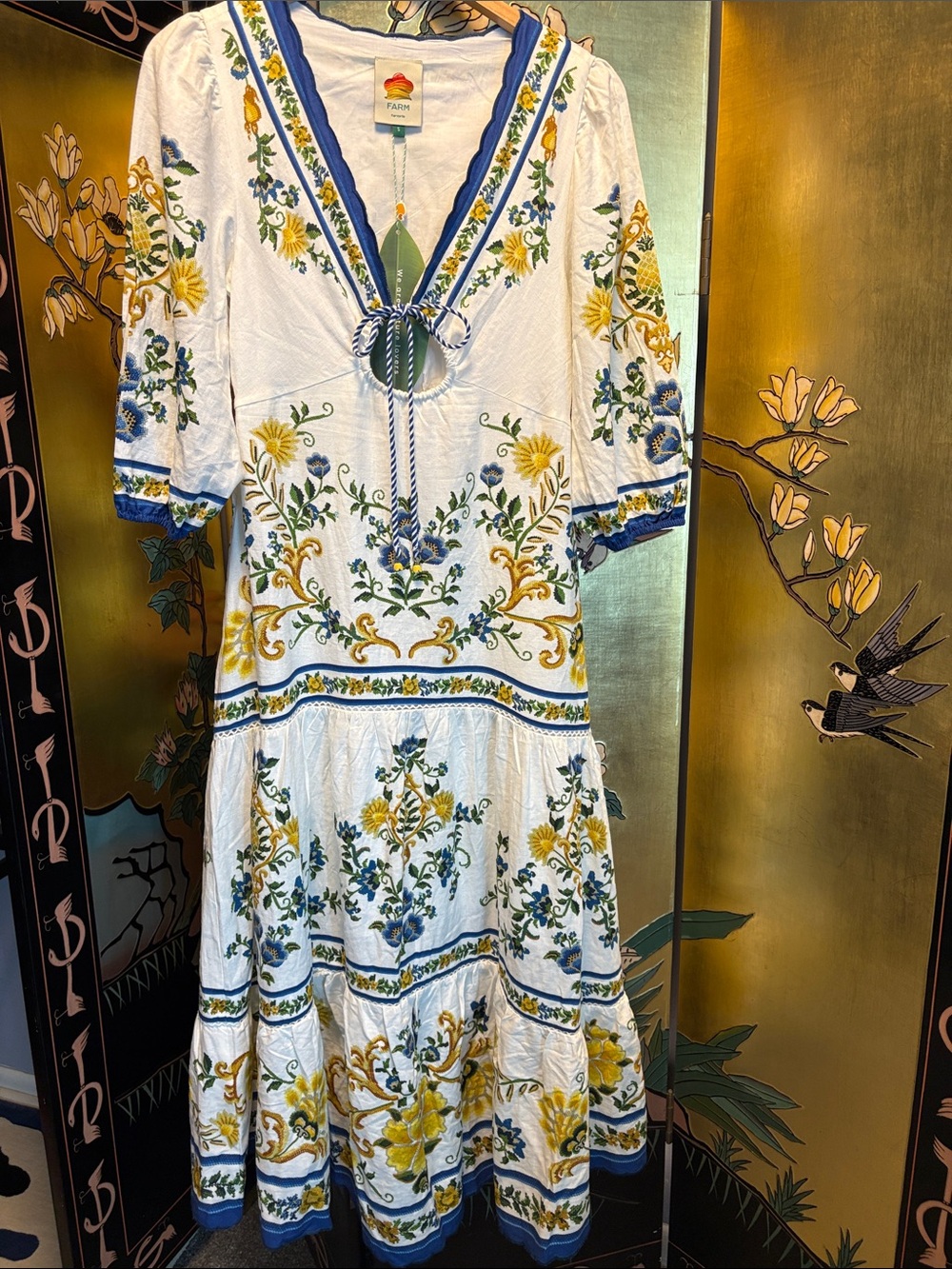 FARM Rio White Embroidered Maxi Dress with Blue & Yellow Florals